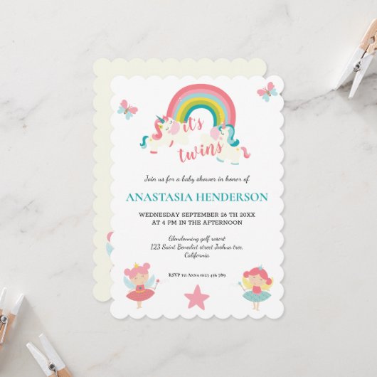 双子の赤ちゃんシャワーの招待状だ。 (正面/裏面インサイチュ)