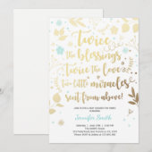 双子の赤ちゃんシャワーの招待状 ゴールド ブルー 男の子のシャワー 招待状 (正面/裏面)