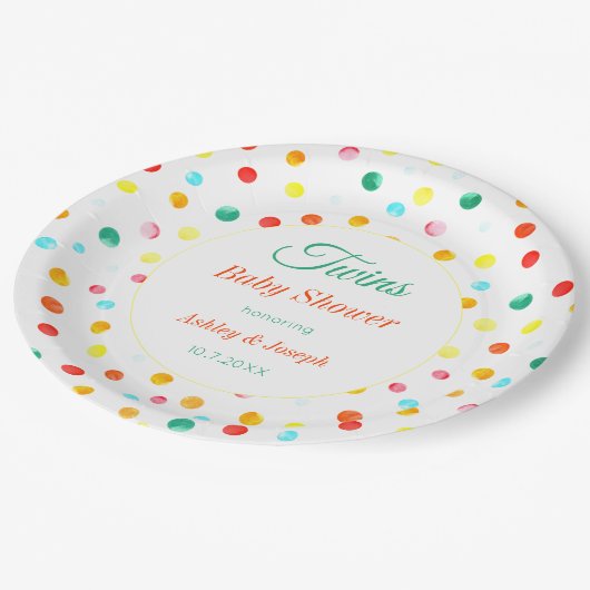 双子の赤ちゃんシャワーカラフルドットのパターン ペーパープレート (アングル)