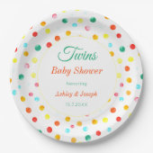双子の赤ちゃんシャワーカラフルドットのパターン ペーパープレート (正面)