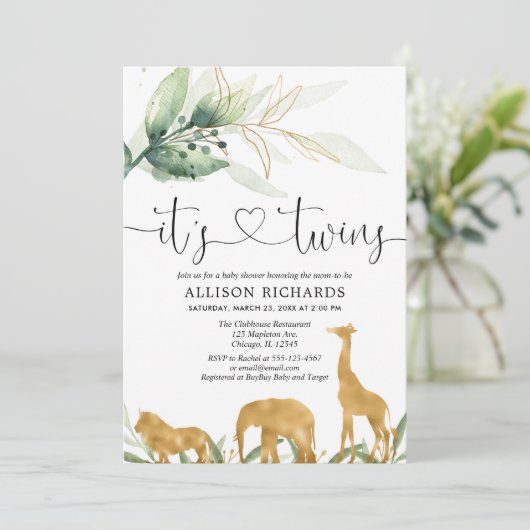 双子の赤ちゃんシャワーサファリの動物の緑のシャワー 招待状 (スタンド正面)