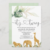 双子の赤ちゃんシャワーサファリの動物の緑のシャワー 招待状 (正面/裏面)