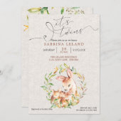 双子の赤ちゃんシャワーディアーが葉の多いリース 招待状 (正面/裏面)