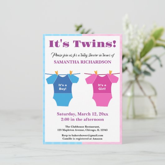 双子の赤ちゃんシャワーパーティーガールボーイ。 招待状 (スタンド正面)