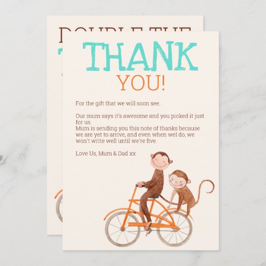 双子の赤ちゃんシャワー可愛いモンキーダブルトラブル サンキューカード (正面/裏面)