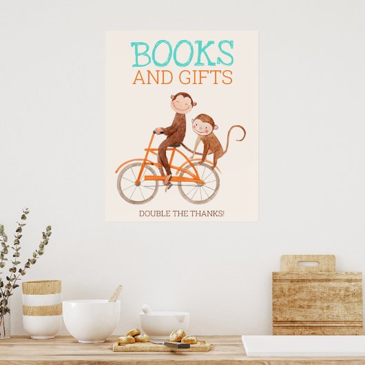 双子の赤ちゃんシャワー可愛いモンキーダブルトラブル ポスター (キッチン)