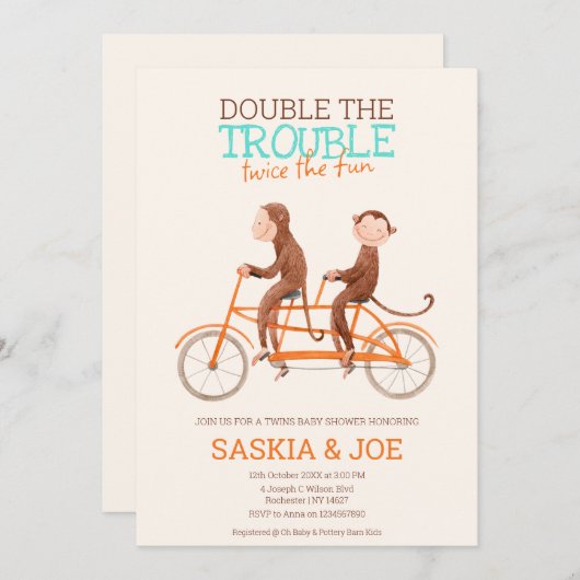 双子の赤ちゃんシャワー可愛いモンキーダブルトラブル 招待状 (正面/裏面)