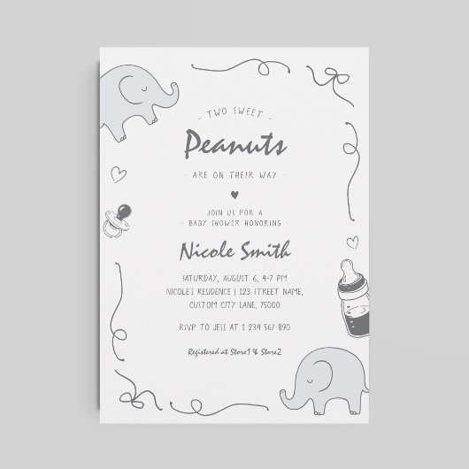 双子の赤ちゃんシャワー手描きゾウおしゃれ 招待状
