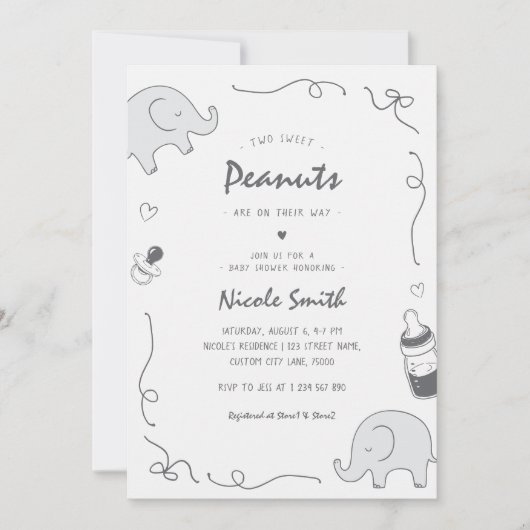 双子の赤ちゃんシャワー手描きゾウおしゃれ 招待状 (正面)