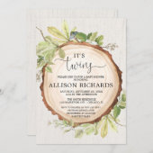 双子の赤ちゃんシャワー男女兼用、双子の素朴な 招待状 (正面/裏面)