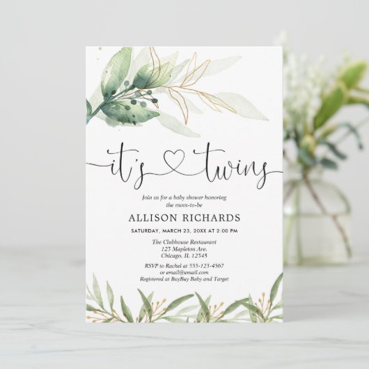 双子の赤ちゃんシャワー緑とシンプル金ゴールドエレガント 招待状 (スタンド正面)
