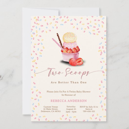 双子の赤ちゃんシャワー | スクープは一つより二つ 招待状 (正面)