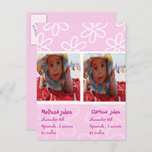 双子の赤ちゃん女の子の発表フォトカード 案内ポストカード (正面/裏面)