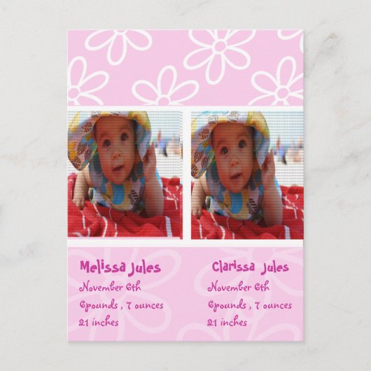 双子の赤ちゃん女の子の発表フォトカード 案内ポストカード (正面)