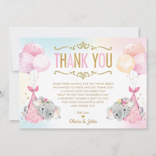 双子の赤ちゃん女の子の象の赤ちゃんシャワー散水 サンキューカード (正面)