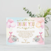 双子の赤ちゃん女の子の象の赤ちゃんシャワー散水 サンキューカード (スタンド正面)