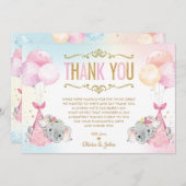 双子の赤ちゃん女の子の象の赤ちゃんシャワー散水 サンキューカード (正面/裏面)