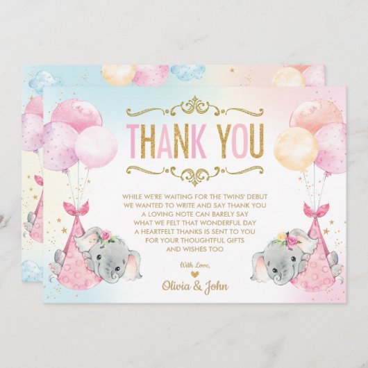 双子の赤ちゃん女の子の象の赤ちゃんシャワー散水 サンキューカード (正面/裏面)
