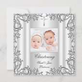 双子の赤ちゃん女の子男の子 洗礼 白 招待状 (正面)