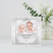 双子の赤ちゃん　女の子　男の子　洗礼　命名式　ホワイト 招待状 (スタンド正面)