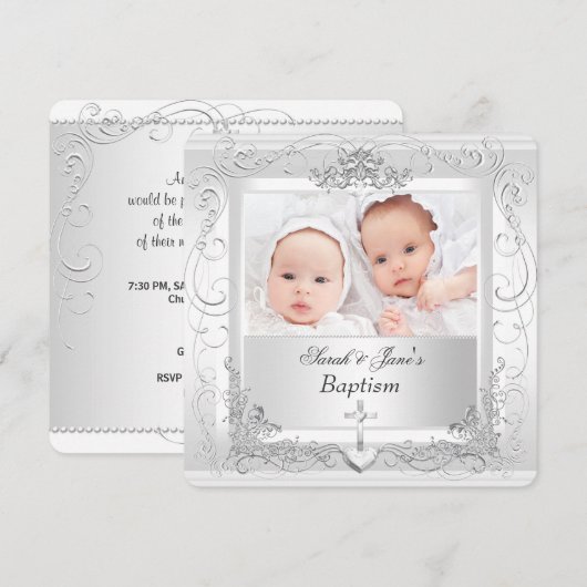 双子の赤ちゃん 女の子 男の子 洗礼 命名式 白 2a 招待状 (正面/裏面)