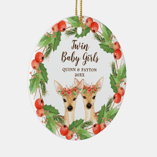 双子の赤ん坊の女の子のパーソナライズされたウッドランドディアーズの子鹿 セラミックオーナメント (右)