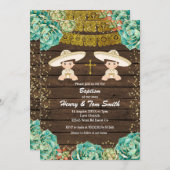 双子の金ゴールドグリッターフィエスタボーイバプテスマ《キリスト教》洗礼式や命名式 招待状 (正面/裏面)