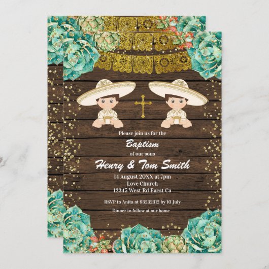 双子の金ゴールドグリッターフィエスタボーイバプテスマ《キリスト教》洗礼式や命名式 招待状 (正面/裏面)