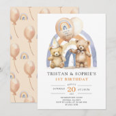 双子の1歳の誕生日 水彩テディベア 招待状 (正面/裏面)