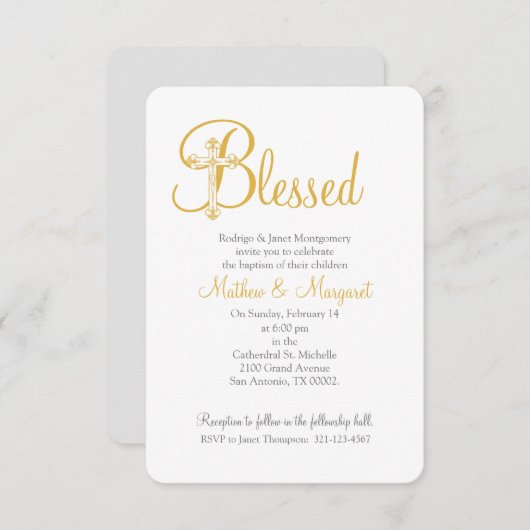 双子の《キリスト教》洗礼式や命名式またはバプテスマの金ゴールドクロス 招待状 (正面/裏面)