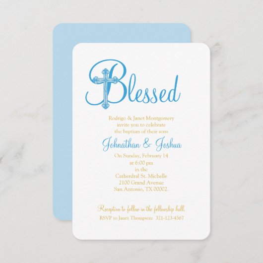 双子の《キリスト教》洗礼式や命名式またはバプテスムブルー金ゴールドクロス 招待状 (正面/裏面)