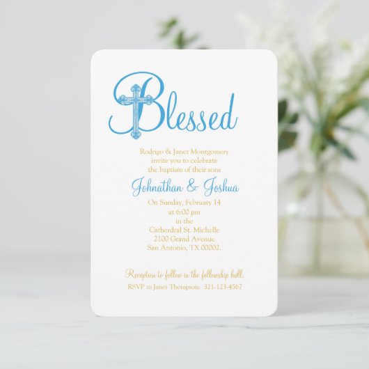 双子の《キリスト教》洗礼式や命名式またはバプテスムブルー金ゴールドクロス 招待状 (スタンド正面)