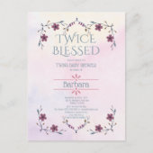 双子を期待して: ボホ フラワーズ & ラベンダー ウォーターカラー インビテーションポストカード (正面)