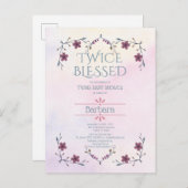 双子を期待:ボホフローラとラベンダーの水色 インビテーションポストカード (正面/裏面)