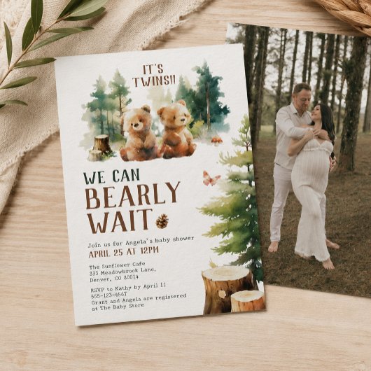 双子を歓迎するベビーシャワー招待状 We Can Bearly Wait Twins 招待状