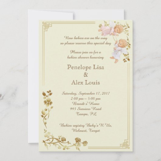 双子を称えるベビーシャワー 招待状 (正面)