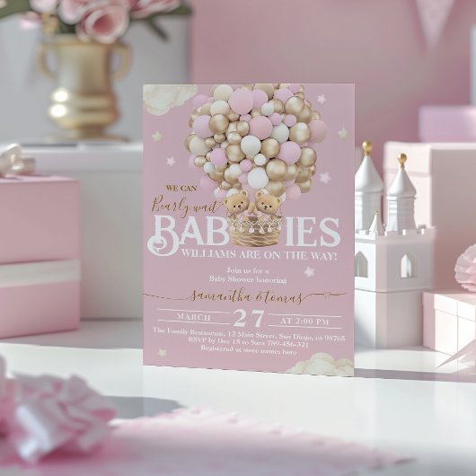 双子クマ気球bearly待って赤ちゃんガールシャワー 招待状