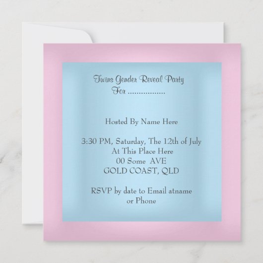 双子ジェンダーがパーティー少年または少女のブルーピンクを明らかにする 招待状 (裏面)