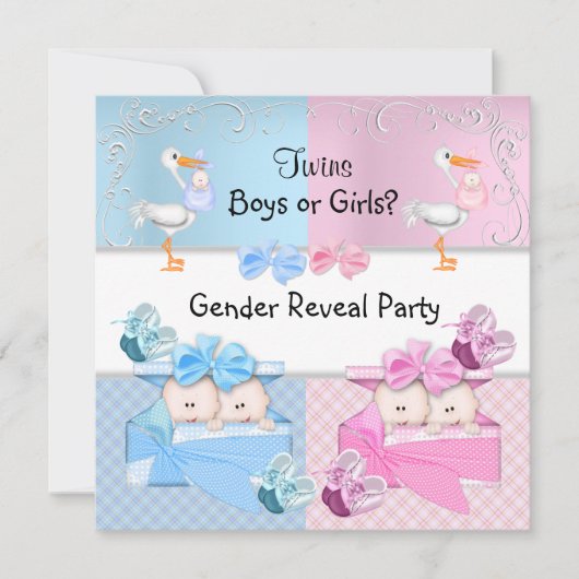 双子ジェンダーがパーティー少年または少女のブルーピンクを明らかにする 招待状 (正面)