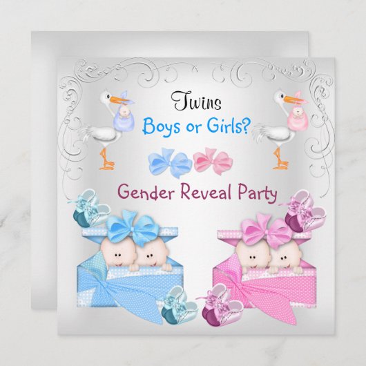 双子ジェンダーがパーティー男の子の女の子ブルーピンク 招待状 (正面/裏面)