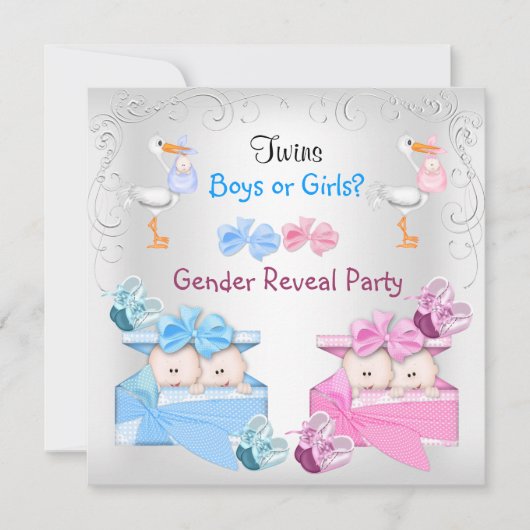 双子ジェンダーがパーティー男の子の女の子ブルーピンク 招待状 (正面)