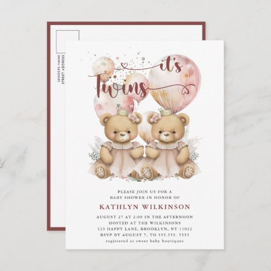 双子ピンクの風船テディがベビーシャワーを付ける インビテーションポストカード (正面/裏面)