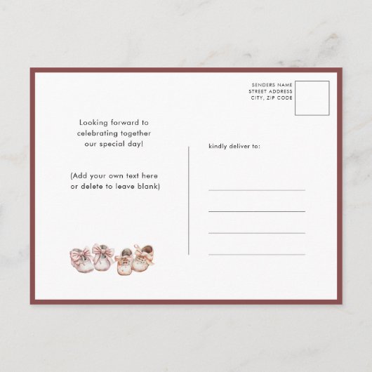 双子ピンクの風船テディがベビーシャワーを付ける インビテーションポストカード (裏面)