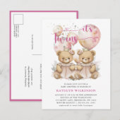 双子ピンクの風船テディがベビーシャワーを付ける インビテーションポストカード (正面/裏面)
