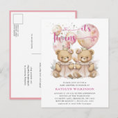 双子ピンクの風船テディがベビーシャワーを付ける インビテーションポストカード (正面/裏面)