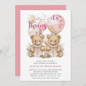 双子ピンクの風船テディがベビーシャワーを付ける 招待状 (正面/裏面)