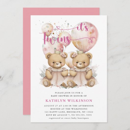 双子ピンクの風船テディがベビーシャワーを付ける 招待状 (正面/裏面)