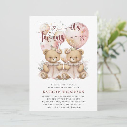 双子ピンクの風船テディがベビーシャワーを付ける 招待状 (スタンド正面)