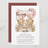 双子ピンクの風船テディがベビーシャワーを付ける 招待状 (正面/裏面)