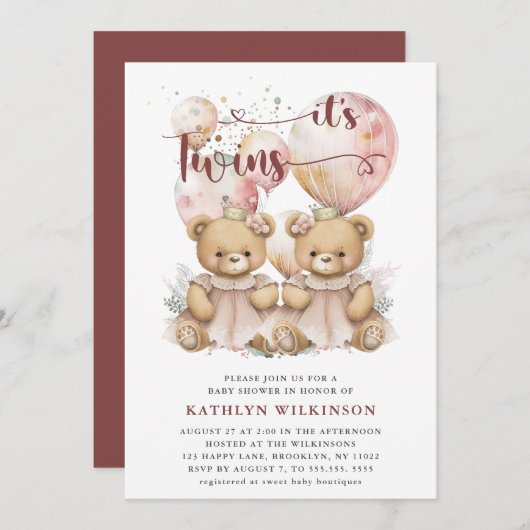 双子ピンクの風船テディがベビーシャワーを付ける 招待状 (正面/裏面)